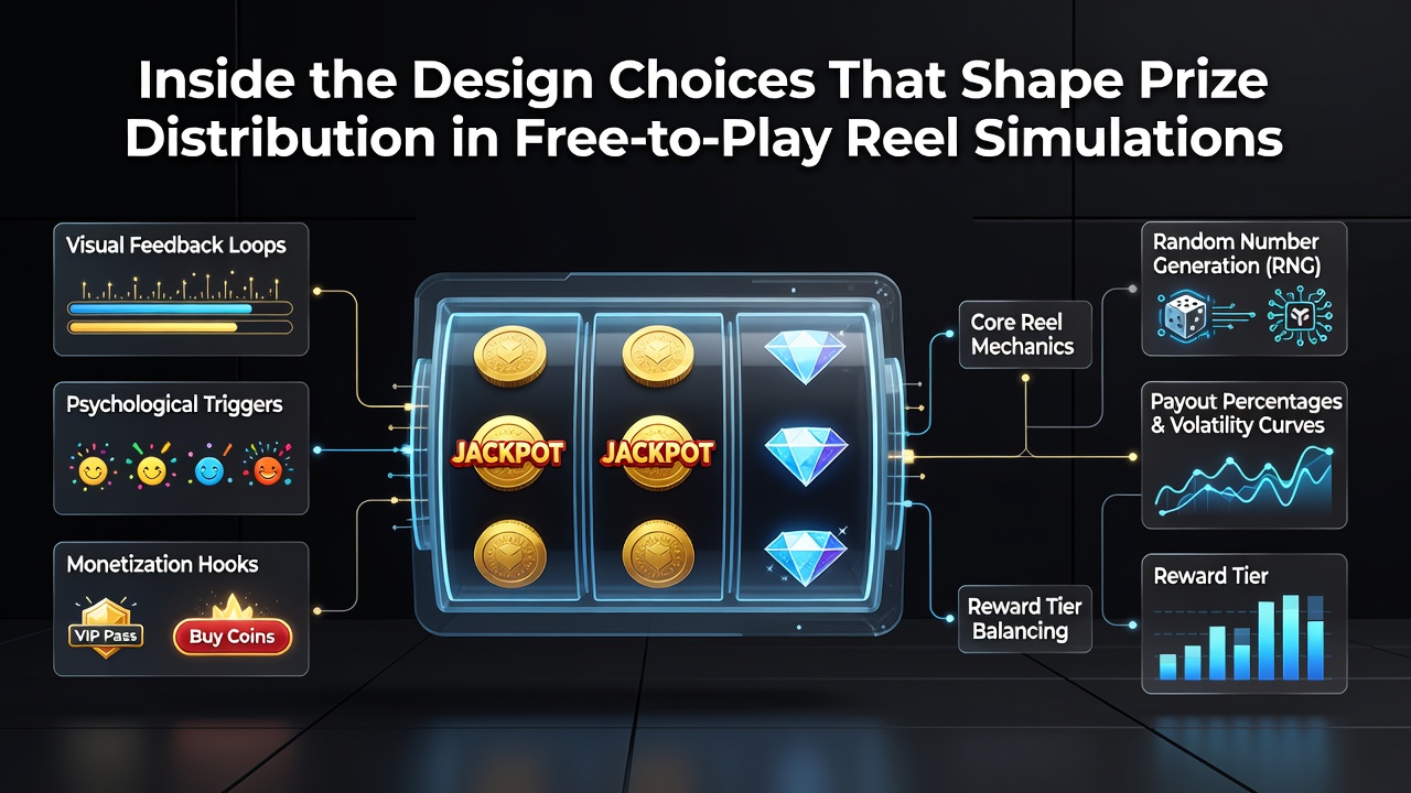 Technical diagram showing reel strip configurations and symbol weighting systems used in free-to-play reel simulations